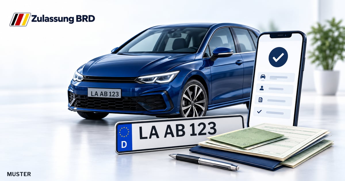 Online Fahrzeugzulassung in Landkreis Landshut: Musterkennzeichen LA AB 123, Auto und Fahrzeugpapiere und Smartphone. Illustration mit Logo von Zulassung BRD.